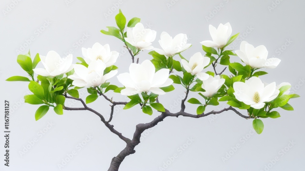 Obraz premium A branch with white magnolia flowers and green leaves against a light background.