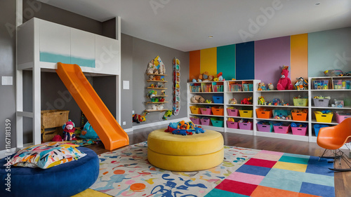Kids’ playroom with colorful storage and playful designs.
