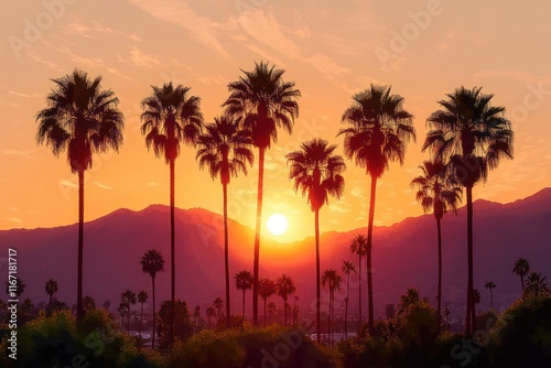 Sunset Landscape with Palm Trees and Desert Mountains in Palm Springs California
