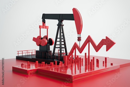 Oil industry crisis. Oil field on red. Oil pump next to the down arrow. Falling energy prices. Decrease in oil production levels.