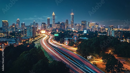 Vibrant Night Skyline of Atlanta with Traffic Light Trails
