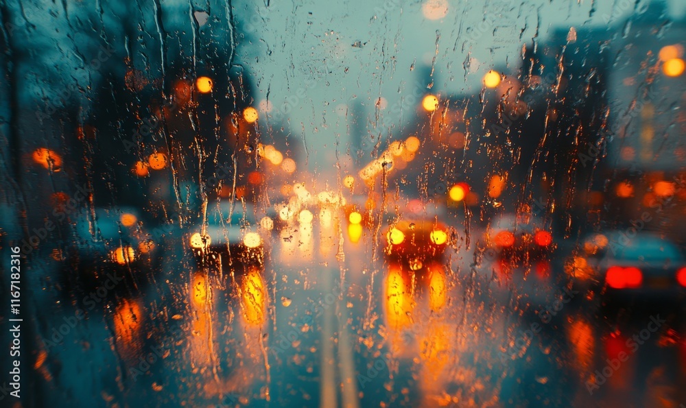 Naklejka premium Blurry background of bokeh lights, rainy day soft focus cityscape in teal orange colors, Generative AI