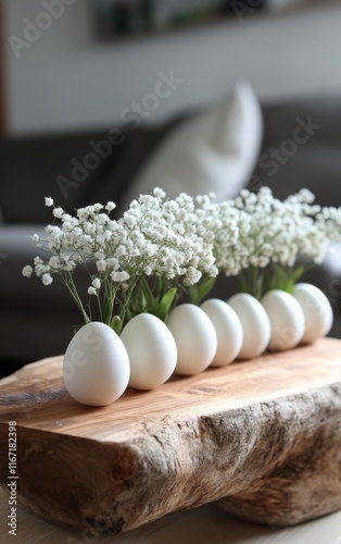 Unique floral arrangement with white tulips and decorative eggs on a wooden t...