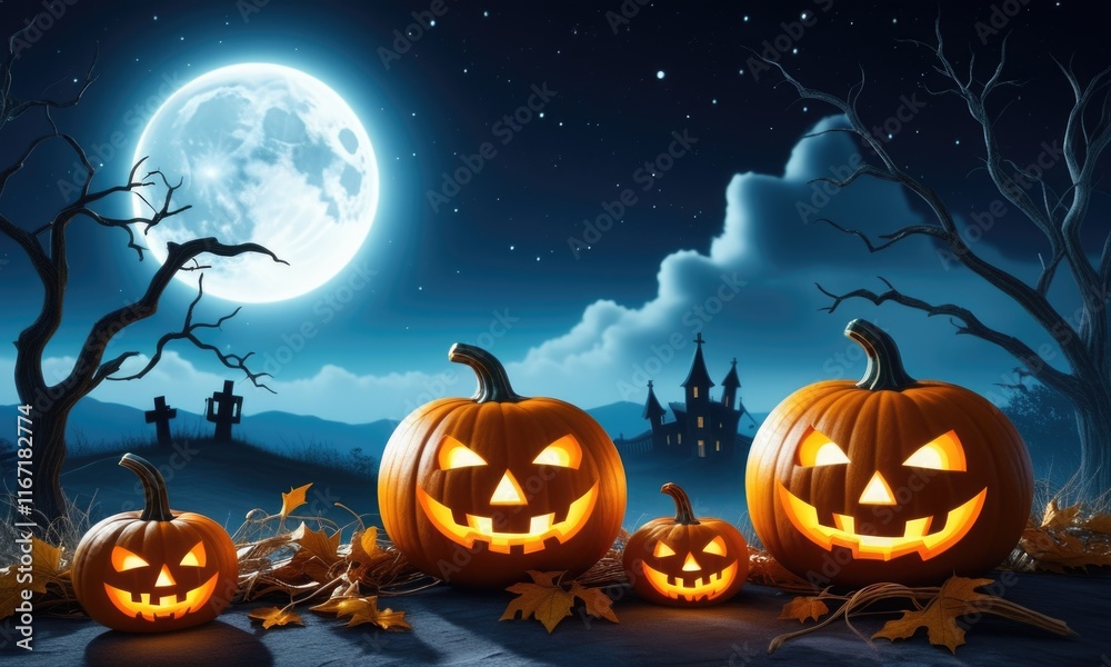 Spooky pumpkin scene with jack o lanterns under full moon in haunted graveyard Spooky pumpkin scene with jack o lanterns under full moon in haunted graveyard