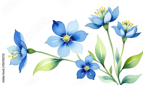 Elegant blue wildflower bouquet with green leaves on white background