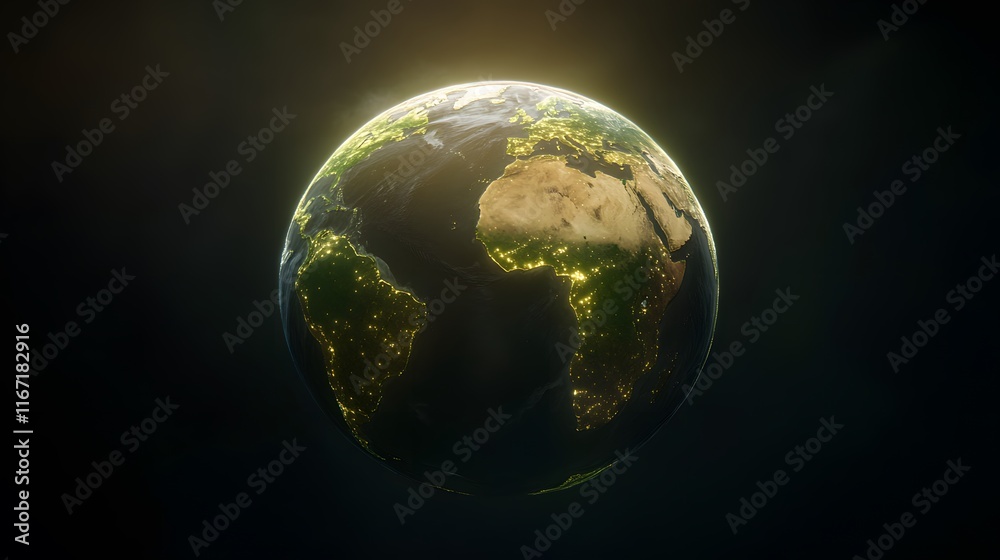 Naklejka premium stunning view of Earth from space, showcasing illuminated continents and vibrant city lights at night. image captures beauty and interconnectedness of our planet
