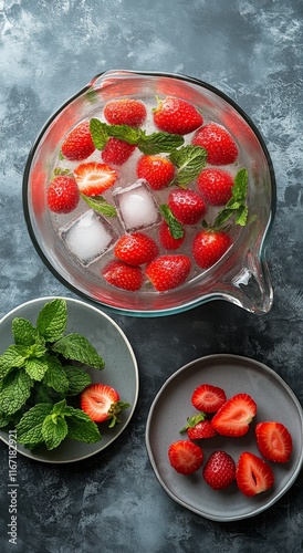 Fresh strawberries soaked in ice water with mint leaves for a refreshing summ...