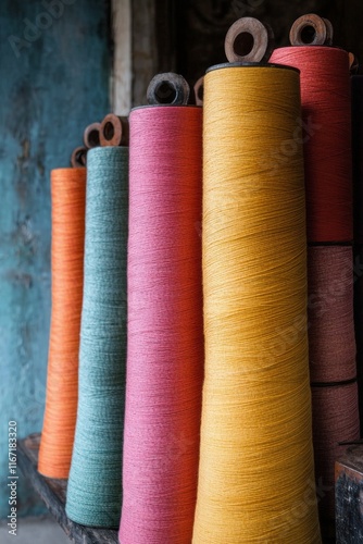 Spools of Colored Thread in a Textile Factory with Machinery