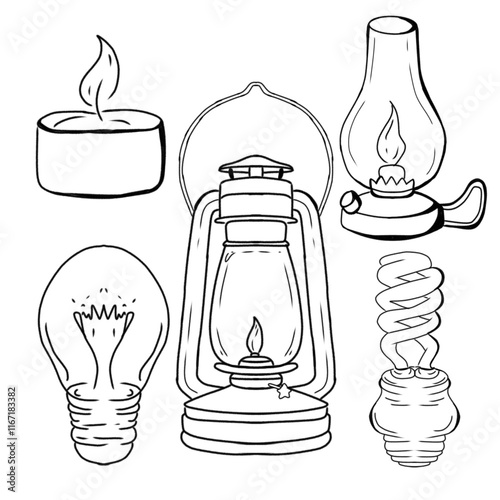 Illustration of Light Sources Including Candles, Lanterns, and Different Light Bulbs