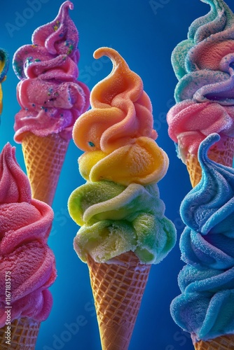 Colorful swirl ice cream cones displayed against a bright blue background
