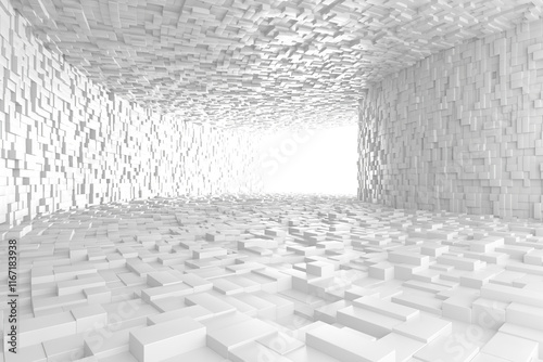 Fototapeta Naklejka Na Ścianę i Meble -  Futuristic abstract white geometric patterned tunnel space. 3d render