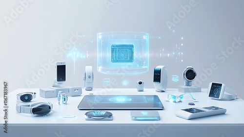 Cutting-Edge 3D Network Hologram Above Desk with IoT Devices on Plain White Canvas