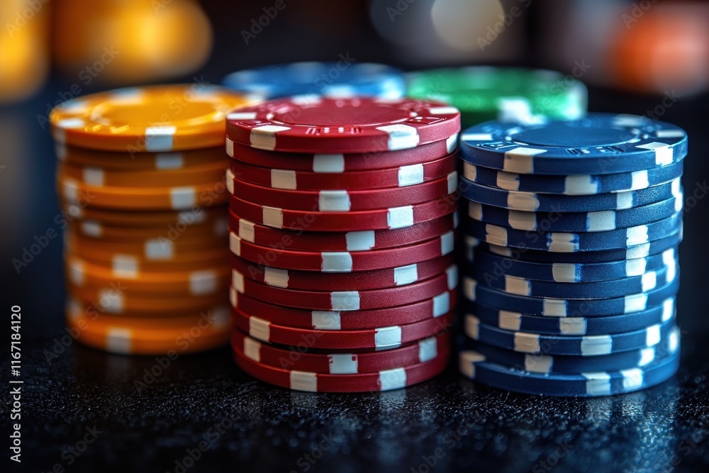 close-up of red poker chips stacked on green casino table for high-stakes gambling promotion close-up of red poker chips stacked on green casino table for high-stakes gambling promotion