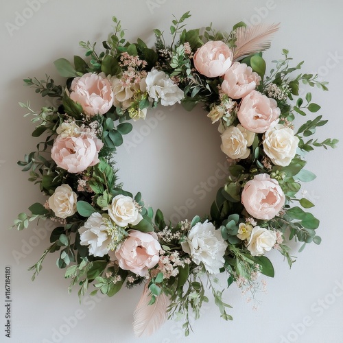 Beautiful floral wreath with white and pink flowers and greenery hung on a li...