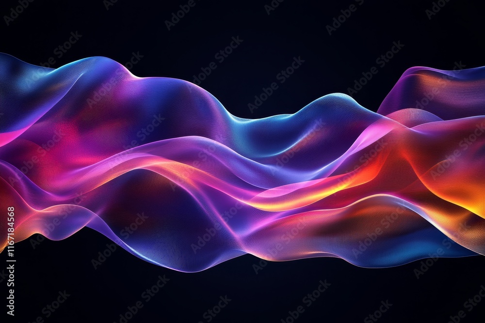 Colors wave on dark background, abstract 3d neon colors flow, black banner design, copy space, Generative AI