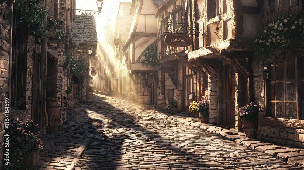Fototapeta premium Serene Cobbled Street in Historic Village at Sunrise with Soft Light