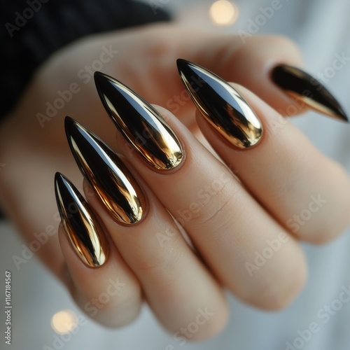 Stylish black and gold pointed nails showcased against a winter background
