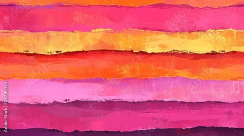 Seamless striped pattern. Horizontal line with torn paper effect. Ethnic background. Gradient pink orange colors on grey background. Vector illustration.