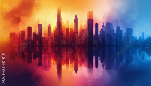 Stunning skyline reflection at sunset over a vibrant cityscape with colorful ...