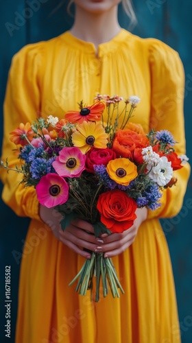 Bright floral bouquet held by a person in a yellow dress against a vibrant bl...