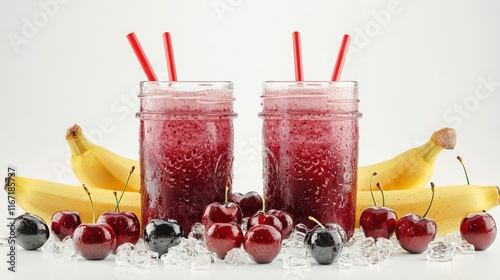 Cherry banana smoothie jars with fresh cherries on a bright background