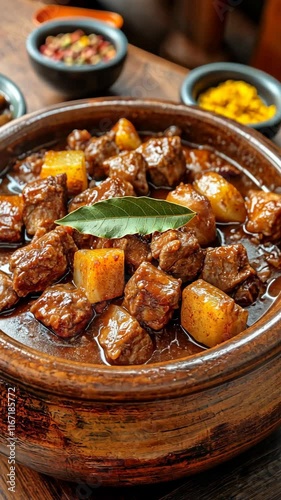 Rich and flavorful beef stew with potatoes served in traditional wooden bowl at a cozy restaurant