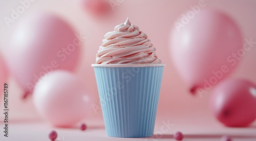 Sweet treat with pastel colors featuring soft serve ice cream and a pink balloon