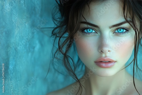 Woman with radiant blue eyes and tousled hair against a textured blue background