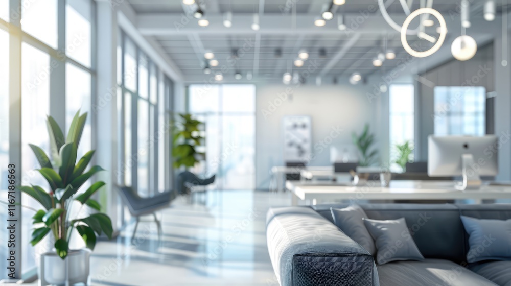 Fototapeta premium Beautiful blurred background of a light modern office interior with panoramic windows and beautiful lighting.