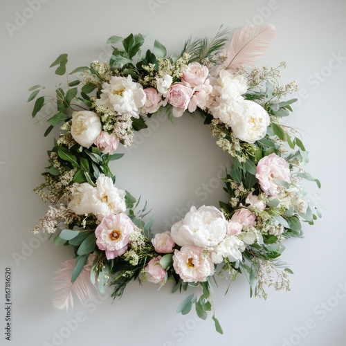 Beautiful floral wreath with white and pink flowers and greenery hung on a light wall photo