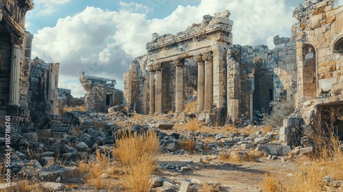 Ancient Ruins with Weathered Columns Amidst Overgrown Landscape