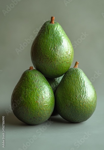 Fresh green avocados stacked on a light backdrop showcasing their smooth text...