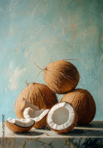 Fresh coconuts arranged on a marble surface with a soft blue background and o...