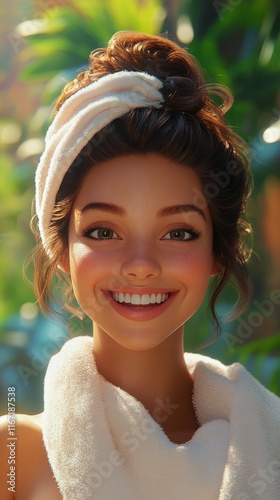 Bright smile of a young woman enjoying a peaceful moment indoors with natural...