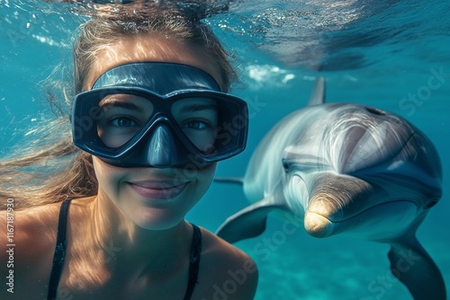 Smiling diver interacts with friendly dolphin in clear tropical waters