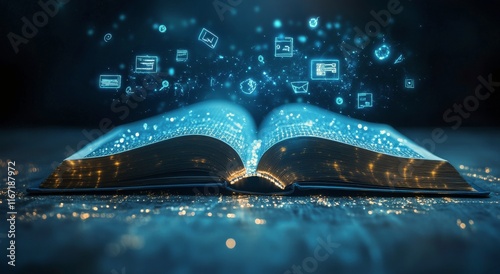 Open book glowing with digital symbols representing knowledge and technology ...
