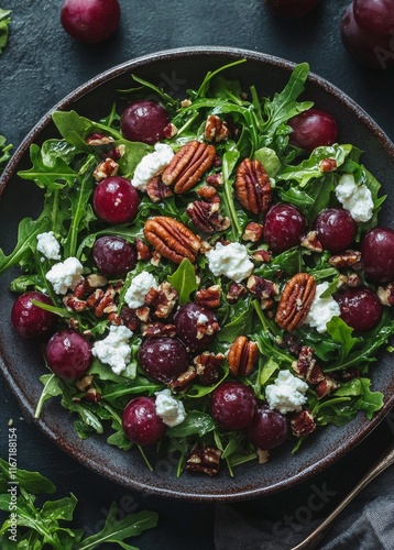 Delicious salad with arugula, grapes, pecans, and cheese served in a rustic bowl