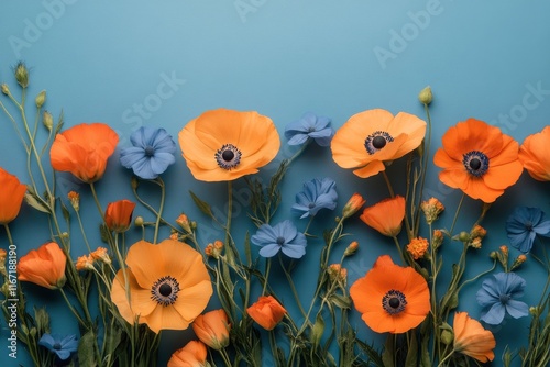 Bright orange and blue flowers arranged beautifully on a teal backdrop