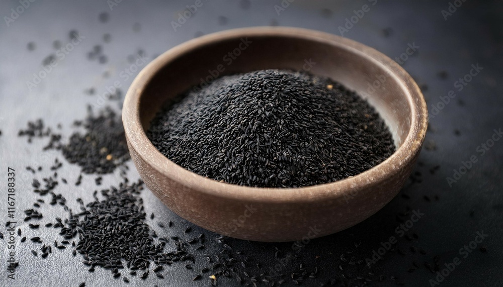 bowl of black cumin seeds on a dark surface with scattered seeds nearby bowl of black cumin seeds on a dark surface with scattered seeds nearby