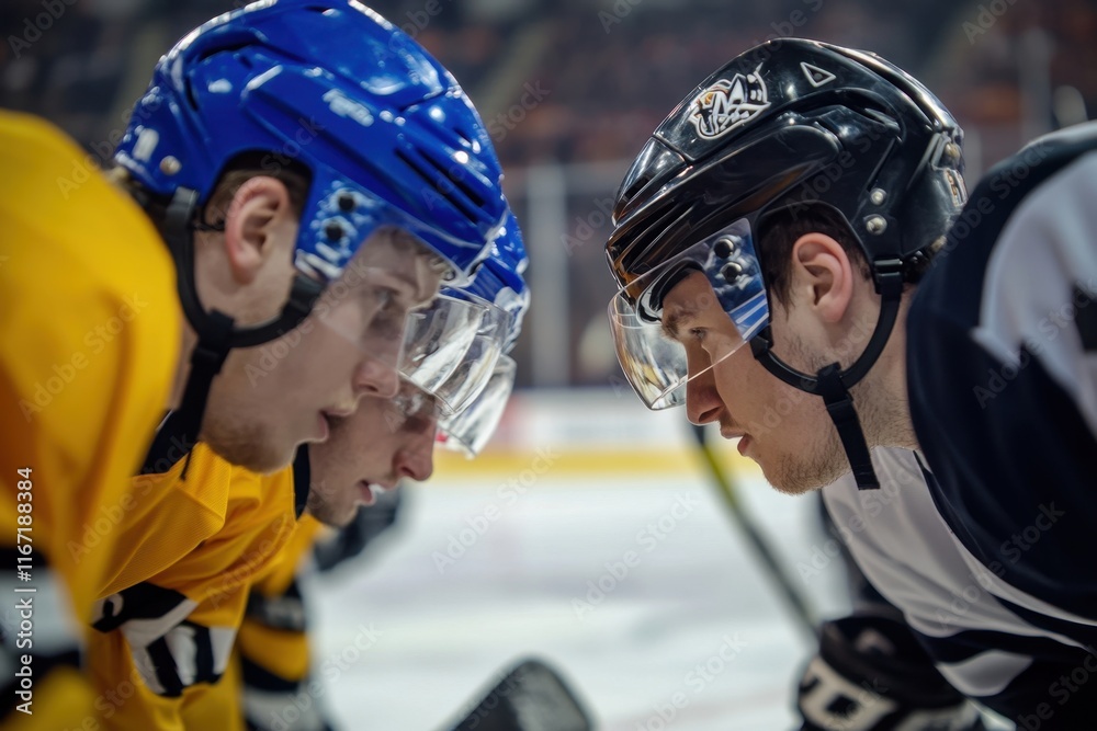 Intense hockey players face off during a critical moment in a high-energy game at an indoor arena Intense hockey players face off during a critical moment in a high-energy game at an indoor arena