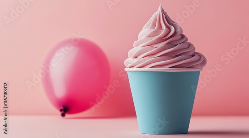Sweet treat with pastel colors featuring soft serve ice cream and a pink balloon