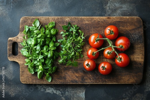 Fresh tomatoes and basil arranged on a wooden cutting board in a kitchen setting