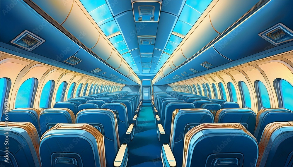 Fototapeta premium the inside of an airplane with blue seats and a blue ceiling generative ai image