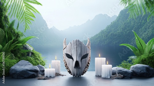 A serene landscape featuring a wooden mask and candles by a lake.