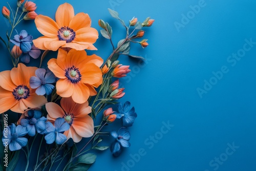 Bright orange and blue flowers arranged beautifully on a teal backdrop