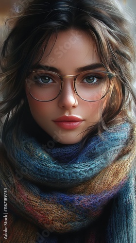 Woman in cozy sweater and scarf posing with glasses in a soft, natural setting