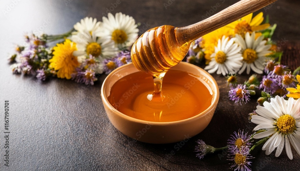 golden honey flows from a wooden dipper into a small bowl surrounded by flowers golden honey flows from a wooden dipper into a small bowl surrounded by flowers