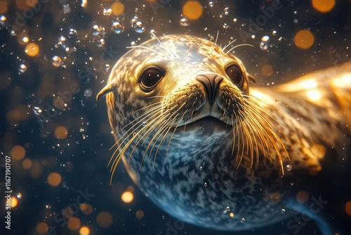 a sleek sea lion gracefully swimming underwater surrounded by shimmering bubbles and vibrant aquatic life captured in a stunning digital painting that showcases its playful spirit photo