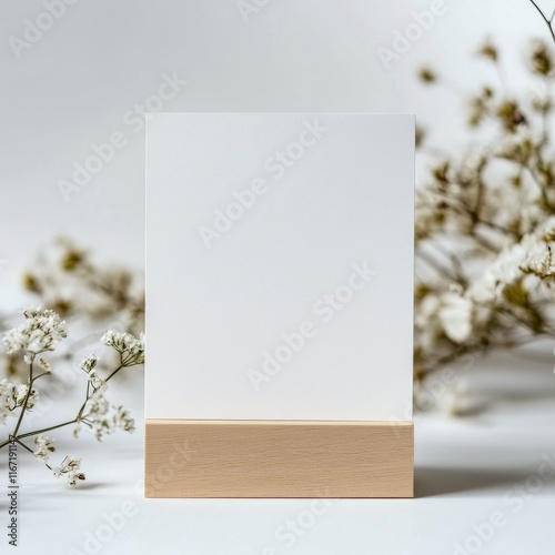 Minimalist decor with dried flowers in a wooden vase and blank card on a soft...
