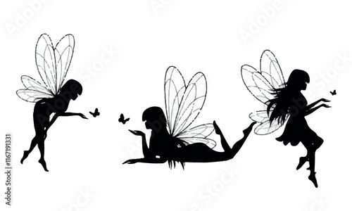 Fairy silhouettes. Fantasy female flying beauty characters with wings recent vector 